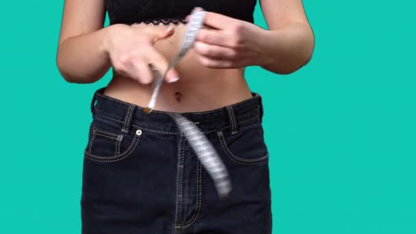 Woman Measures Her Waist Losing Weight Measuring Tape Proper Nutrition — Stock Video
