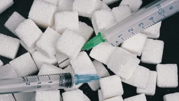 Cukier Lek Kostki Cukru Białego Strzykawka Słodycze Szkodliwe Dla Zdrowia — Wideo stockowe
