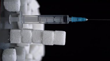 Şeker - uyuşturucu, beyaz şeker küpleri ve şırınga. Tatlılar sağlığa zararlıdır. Şeker bağımlılığı. Beslenme ve diyet kontrolü. Şekersiz. Diyabet. Tatlıdan kilo alma.