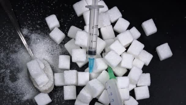 Şeker Uyuşturucu Beyaz Şeker Küpleri Şırınga Tatlılar Sağlığa Zararlıdır Şeker — Stok video