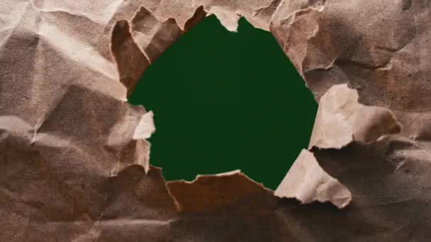 ブラウンペーパーを通してグリーンに脱出 粉砕された茶色のペーパーの引き裂かれた穴を覗く鮮やかな緑の空間をキャプチャします — ストック動画