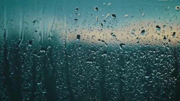 雨は窓に対して繊細なカーテンを作り出し 静かな熟考のシーンを織る夕暮れの背景 — ストック動画