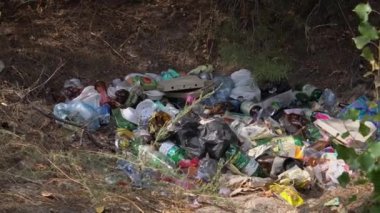 Ormandaki bir çöp yığınının yakın plan çekimi. Çöpte plastik şişeler, teneke kutular, kağıt ve diğer çöpler yer alıyor. Bu görüntüler belgeseller, haber raporları ve diğer projeler için idealdir.