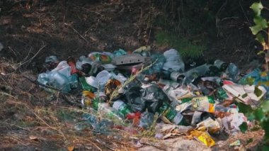 Plastik şişeler, torbalar, teneke kutular ve diğer çöplerin yer aldığı ormandaki bir çöp yığınının yakın plan çekimi..