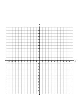 A4 boyut sayfası, x ve y eksenli boş kartezyen düzlem. 10x10 ızgaralı siyah ve beyaz grafik..