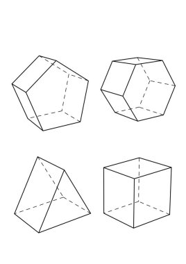 standart a4 kağıdına basmaya hazır dört temel 3d geometrik katının siyah ve beyaz çizgi çizimi