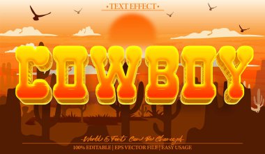 Kovboy Vektör Metin Efekti Düzenlenebilir Alfabe Batı Çöl Sahili