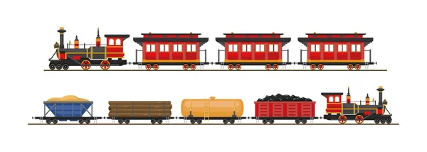 老式蒸汽机车的矢量图像 带有红色弹丸和枪托的客车 装有沙子 一个大液桶和一根木头的货车 — 图库矢量图片