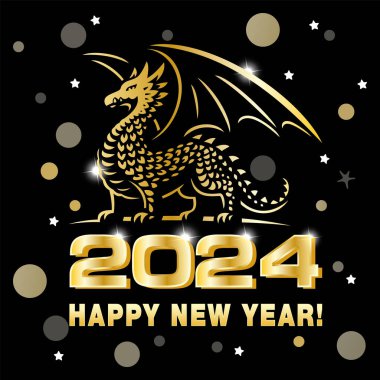Altın sayılı altın bir ejderhanın vektör görüntüsü 2024 ve balonlu siyah bir arka planda mutlu yıllar.