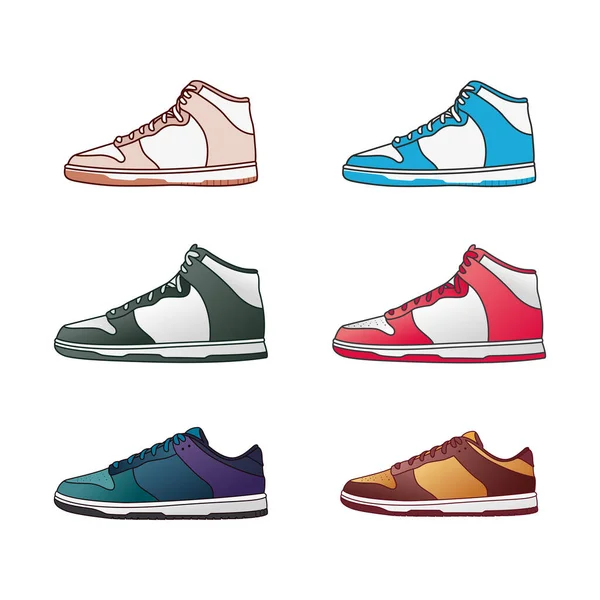 Ensemble Chaussures Sneakers Vue Côté Isolé Sur Fond Blanc Illustration — Image vectorielle