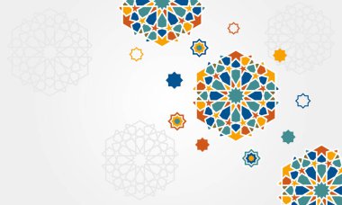 Arapça renkli dekoratif desenli İslami Arka plan Fas tarzı vektör illüstrasyonu. Ramazan Kareem, Kurban Bayramı ve Müslüman Festivali için tebrik kartı afişi.