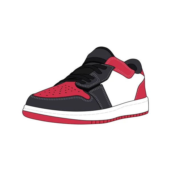 Rood Zwart Low Sneaker Schoenen Vector Illustratie Geïsoleerd Witte Achtergrond — Stockvector