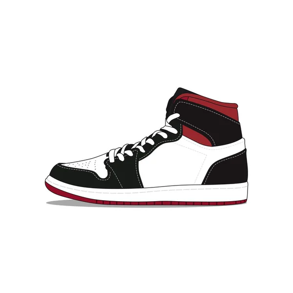 赤のストライプベクトルのイラストが白の背景に隔離された黒のスニーカーの靴 — ストックベクタ