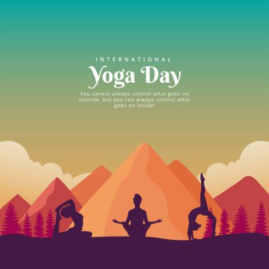 Uluslararası Yoga Günü 21 Haziran Dünya Yoga Günü. Yoga vücut duruşu. Yoga yapan bir grup kadın. vektör çizimi tasarımı
