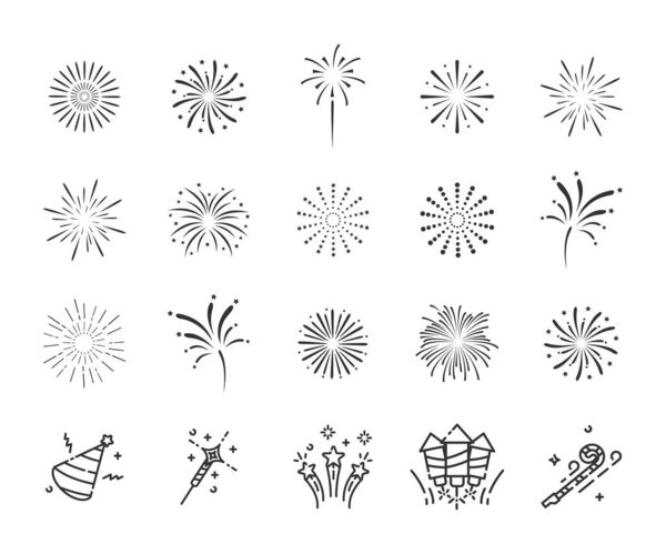 Set of firework icons. Fireworks with stars and sparks isolated on white background. Vector Illustration