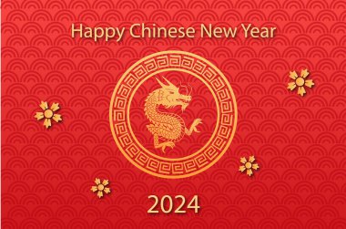 2024 Çin Yeni Yılı, ejderhalar, bulutlar ve çiçek arkaplanlı ejderha pankartı tasarımı yılı..