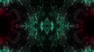 Geometrik psikedelik kaleydoskop arka planı, çizgi ve çiçekli desenler dışa ve içe doğru yayılan döngülü animasyon. Kusursuz kıvrımlı titreşimli ışıklar ve soyut mandala.