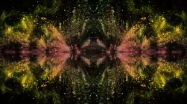 Geometrik psikedelik kaleydoskop arka planı, çizgi ve çiçekli desenler dışa ve içe doğru yayılan döngülü animasyon. Kusursuz kıvrımlı titreşimli ışıklar ve soyut mandala.