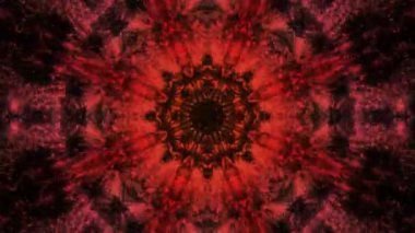 Geometrik psikedelik kaleydoskop arka planı, çizgi ve çiçekli desenler dışa ve içe doğru yayılan döngülü animasyon. Kusursuz kıvrımlı titreşimli ışıklar ve soyut mandala.