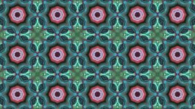 Geometrik psikedelik kaleydoskop arka planı, çizgi ve çiçekli desenler dışa ve içe doğru yayılan döngülü animasyon. Kusursuz kıvrımlı titreşimli ışıklar ve soyut mandala.