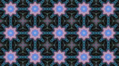 Geometrik psikedelik kaleydoskop arka planı, çizgi ve çiçekli desenler dışa ve içe doğru yayılan döngülü animasyon. Kusursuz kıvrımlı titreşimli ışıklar ve soyut mandala.