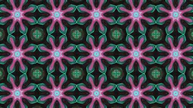 Geometrik psikedelik kaleydoskop arka planı, çizgi ve çiçekli desenler dışa ve içe doğru yayılan döngülü animasyon. Kusursuz kıvrımlı titreşimli ışıklar ve soyut mandala.