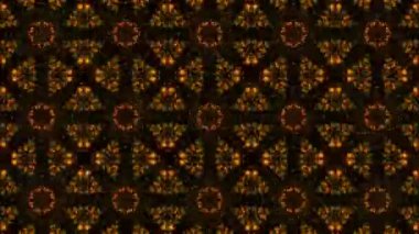 Geometrik psikedelik kaleydoskop arka planı, çizgi ve çiçekli desenler dışa ve içe doğru yayılan döngülü animasyon. Kusursuz kıvrımlı titreşimli ışıklar ve soyut mandala.