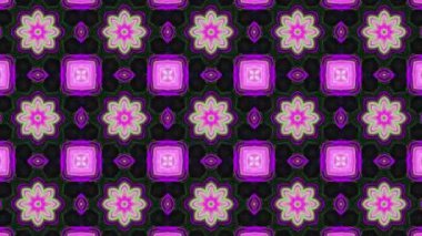 Geometrik psikedelik kaleydoskop arka planı, çizgi ve çiçekli desenler dışa ve içe doğru yayılan döngülü animasyon. Kusursuz kıvrımlı titreşimli ışıklar ve soyut mandala.