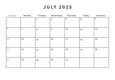 Minimalist Temmuz 2025 takvim tasarımı vektör çizimi. Planlamacılar, organizatörler ya da planlama amaçları için mükemmel.