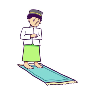 vector illustration of a young Muslim boy wearing a black cap, white shirt, and green sarong, standing on a prayer mat