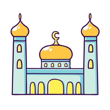 vector illustration of a mosque with two minarets and a central dome, featuring a crescent moon symbol