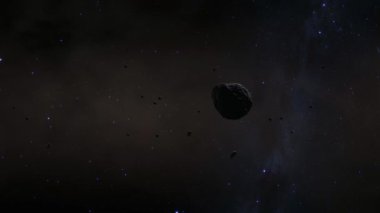 Uzayda uçan göktaşı. Yıldızlarla Siyah Arkaplan 'da dönen göktaşı. NASA Resimleriyle Animasyon.