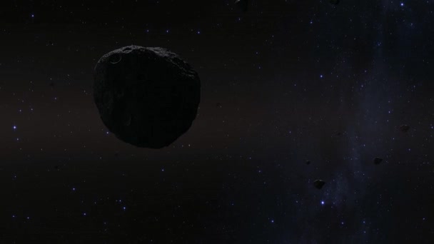 Spinning Asteroid Black Background Stars Vista Cerca Asteroide Volando Través — Vídeo de stock