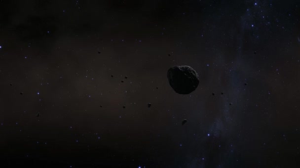 Asteroide Volando Por Espacio Spinning Asteroid Black Background Stars Animación — Vídeo de stock