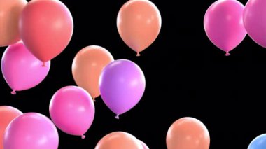 Alpha Channel ile Renkli Balonlar Geçişi. Kırmızı, Mor ve Turuncu Parti Balonları Şeffaf Arkaplan Çerçevesini Dolduruyor.