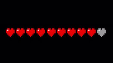 Şeffaf bir arkaplanda Pixel Game Life Bar animasyonu. Piksel Sanat 8-bit Sağlık Kalbi Çubuğu. Oyun bitti konsept. Alfa Kanalı ile 4K Canlandırma.