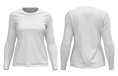 Kadınların beyaz, yuvarlak boyunlu, uzun kollu tişörtlü, önden ve arkadan görünüşlü.