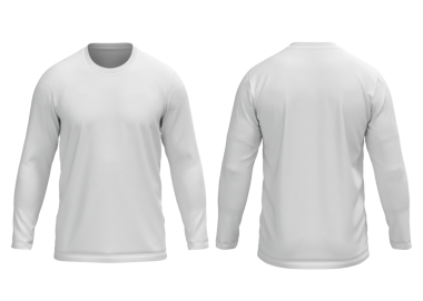 Erkekler beyaz, yuvarlak boyunlu, uzun kollu tişörtlü, önden ve arkadan görünüşlü.
