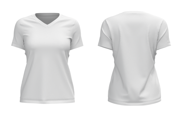 Kadınların beyaz yakalı, kısa kollu tişörtlü, formalı, önden ve arkadan görünüşlü.