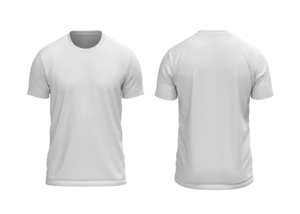 Erkekler beyaz, yuvarlak boyunlu, kısa kollu tişörtlü, önden ve arkadan görünüşlü.