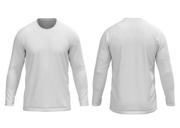 Erkekler beyaz, yuvarlak boyunlu, uzun kollu tişörtlü, önden ve arkadan görünüşlü.