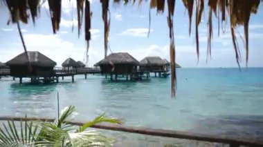Bora Bora, Tahiti 'deki su villalarından egzotik, tropikal manzara, Fransız Polinezyası. Lüks seyahat, romantik kaçamak, balayı için egzotik bir yer. 4K görüntü.