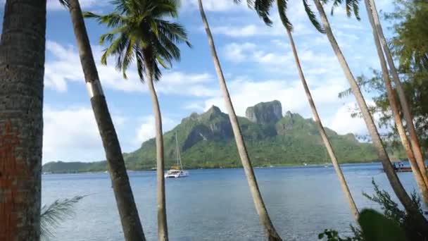 Turquoise Blue Lagoon Bora Bora Tahiti French Polynesia Cruising Yacht — Stock Video