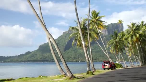 ボラボラ タヒチ フランス領ポリネシアのヤシの木とターコイズブルーのラグーン オメガヌ山を眺めながらボラ ボラ周辺の車を運転する 豪華な旅行休暇 ロマンチックな休暇 新婚旅行 — ストック動画