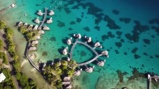 Bora Bora タヒチ フランス領ポリネシアのウォーターヴィラバンガローの空中ドローン映像 ボラボラの緑の自然と一緒にターコイズブルーのラグーン 豪華な旅行 ロマンチックで新婚旅行先 — ストック動画