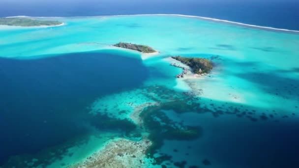 4K空中ドローンは フランス領ポリネシアのタヒチのボラボラにあるターコイズブルーのラグーンの映像です ロマンチックな休暇 新婚旅行エキゾチックな目的地 — ストック動画