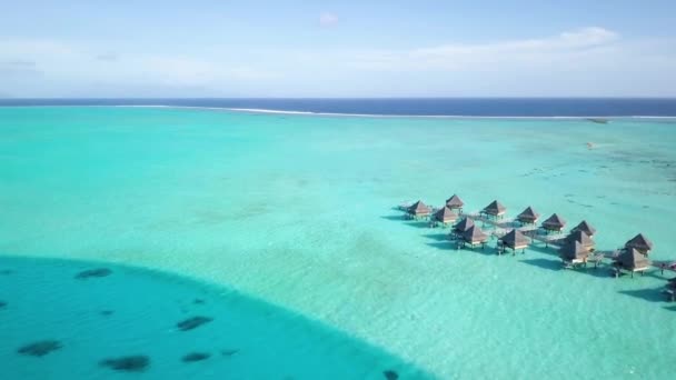 Bora Bora タヒチ フランス領ポリネシアのウォーターヴィラバンガローの空中ドローン映像 ボラボラのターコイズブルーのラグーン 豪華な旅行休暇 ロマンチックな休暇 新婚旅行エキゾチックな目的地 — ストック動画