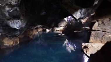 Grjotagja volcanic cave with blue hot thermal water near Lake Myvatn in Iceland. The thermal bath in a grotto. The geothermal cave. Areas of Iceland present in the Game of Thrones. High quality 4k