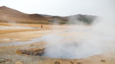 Namafjall geothermal area with a unique landscape of sulphuric steaming pools, mudpots and fumaroles, Iceland. Mars or Venus. High quality 4k footage. 
