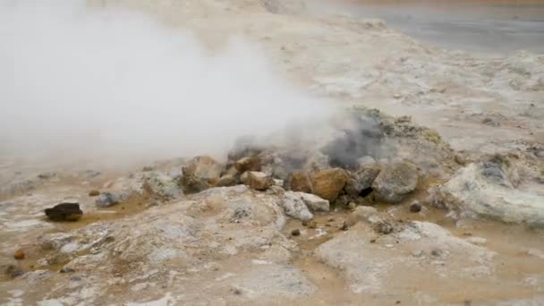 Namafjall Geothermal Area Unique Landscape Sulphuric Steaming Pools Mudpots Fumaroles — Stockvideo